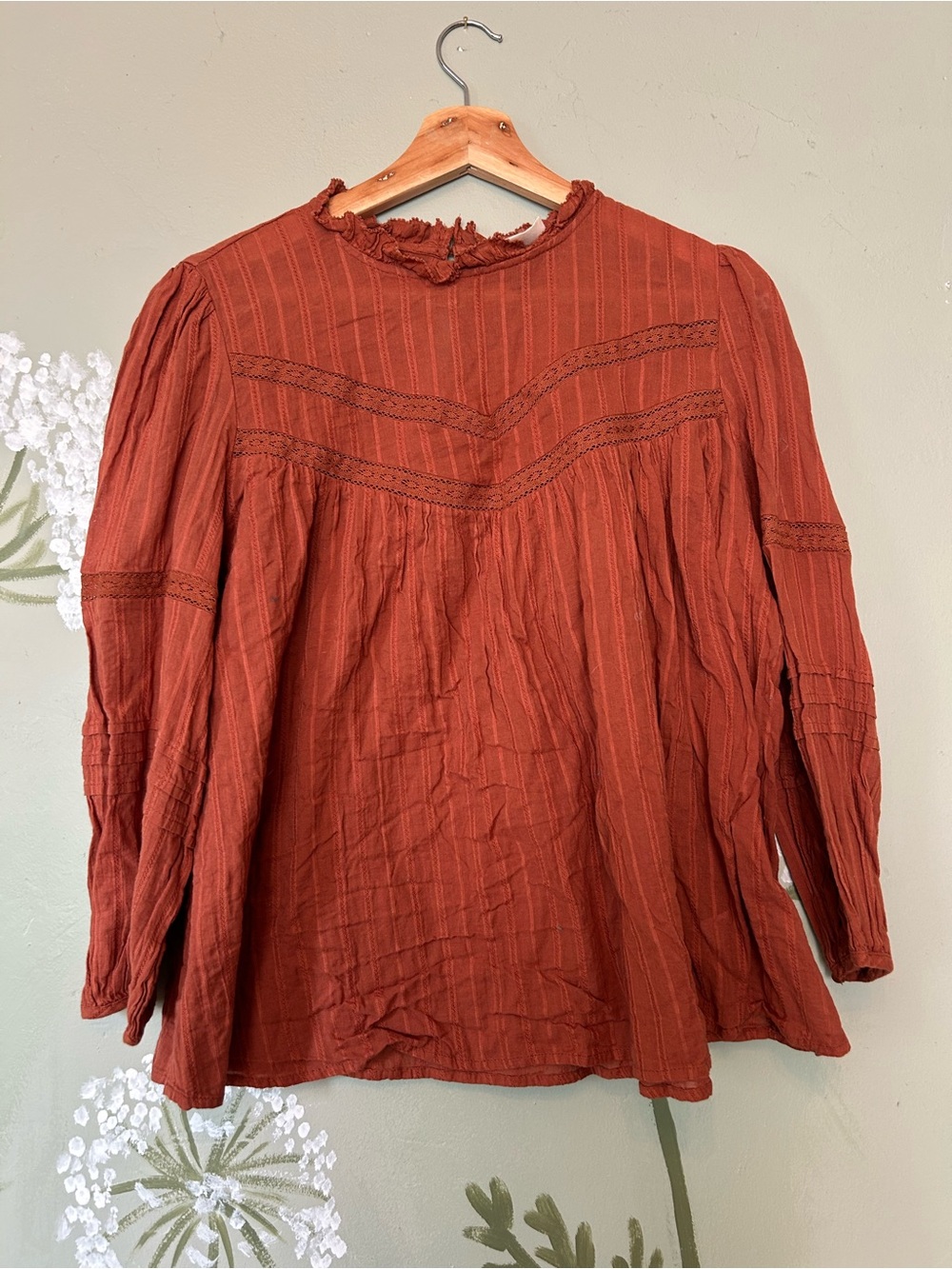 Rust Long-Sleeve Lace Yoke Prairie Style Blouse